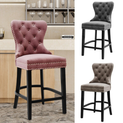 Tall Bar Stool Velvet Padded High Pub Seat Tufted Backrest Kitchen