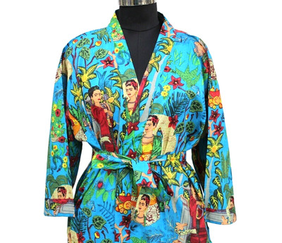 New Indian Woman's Bath Robe Blue Kimono Cotton Farida Kahlo Nightwear Long Gown