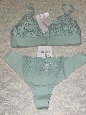 La Perla Petit Macrame Triangle Bra Thong Panty 34B S Mint Green