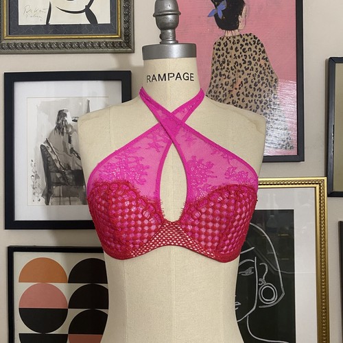 Victorias Secret Very Sexy Criss Cross Halter High Neck Bra Keyhole Pink Red 32D - Picture 3 of 6