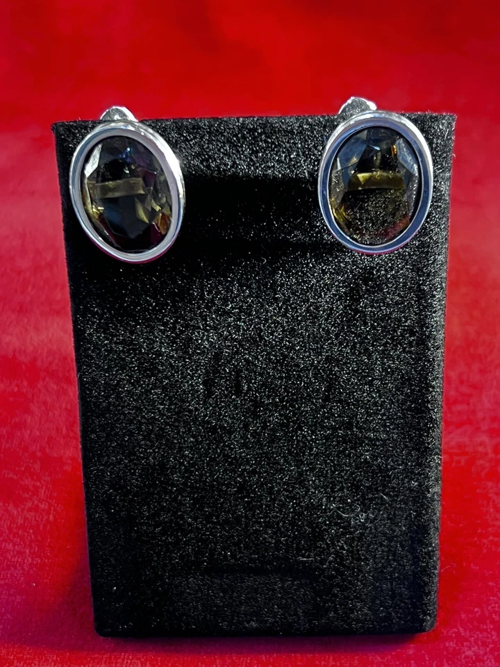 Gemelos grandes vintage de plata de ley piedra marrón cuarzo ahumado? ¿Topacio? Usado en excelente estado Foto 2 de 4