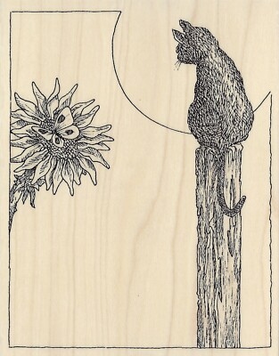 CAT On Post Scene Wood Mounted Rubber Stamp Impression Obsession H1942 NEW