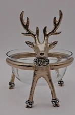 Stag Deer Holiday Serving Dish 7.5" Silver Metal Rhinestones Glass Bowl 6” X3.5”