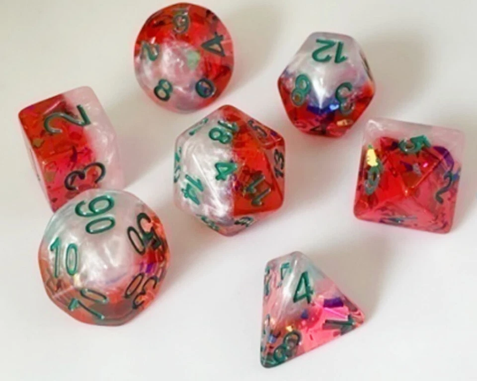 WÜRFELZEIT RPG Würfelset 7-teilig Poly W4-W20 Weiss mit rosa DnD Rollenspiel Tabletop Magic