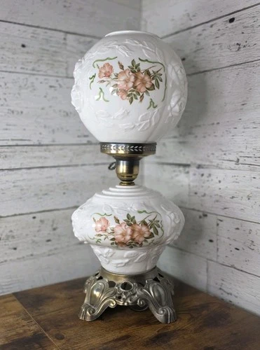 Gone With The Wind 3D Pink Rose Cast Brass Base Milk Glass Parlor Lamp 21½" Tall