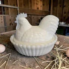 Vtg McKee Summit Milk Glass Hen on Nest Candy Dish4"x5.5"MCM Easter FarmhouseSEE