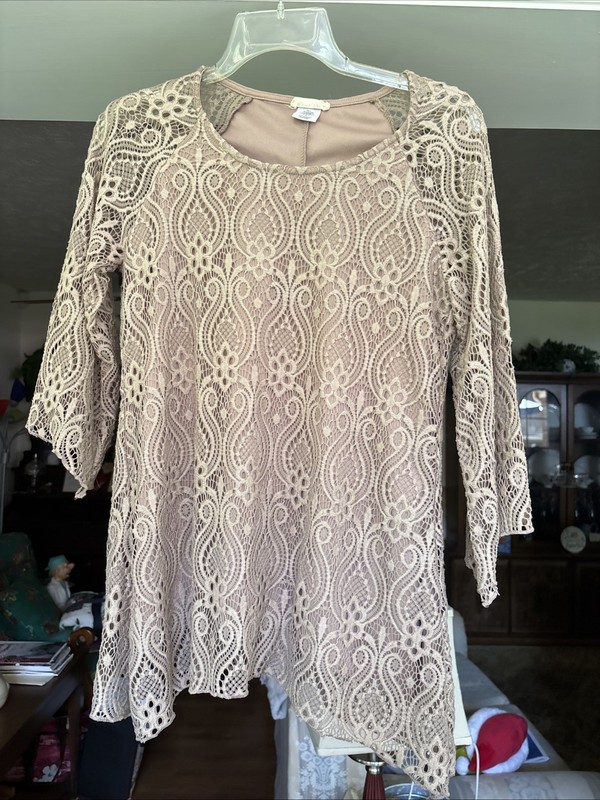 Brittany Black Lined Sheer Blouse Top Shirt Women S  3/4 Pink Mocha 3/4 Sleeve