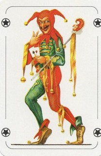 WIDE RARE VINTAGE"Joker in Red/Yellow/Green Holding 2 x Aces" JOKER PlayCard #50