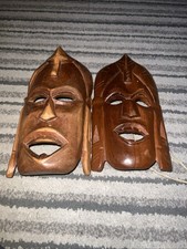 African Tribal Wooden Hand Carved Face Masks Pair