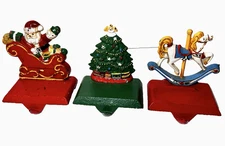 Santa Tree Rocking Horse Cast Iron Christmas stocking Holder Hanger Set of 3 Vtg