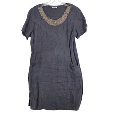 Lina Tomei Women Large Linen Short Sleeve Dress Beaded Collar Navy Pockets Italy