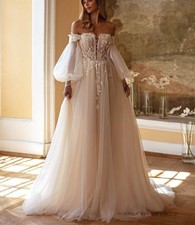 Airy Floral Lace Wedding Dress Wedding Dress 32-60 Champagne Off Straps