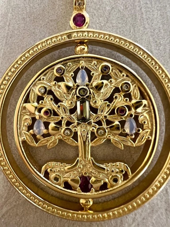 Gemstone 14K Gold on Solid 925 Tree of Life "SPINNER" fidget Necklace REAL - Image 4 of 4