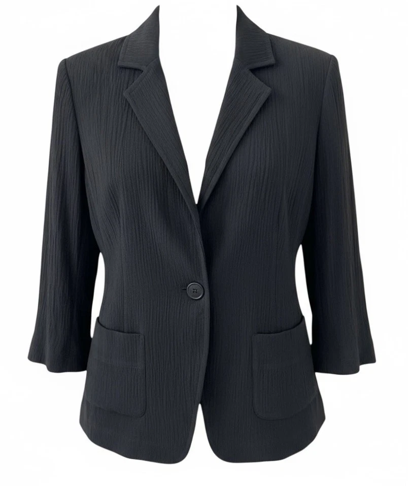 Blazer Eileen Fisher Negro Seda Relajada Arrugada Manga 3/4 Talla Mediana Foto 2 de 4
