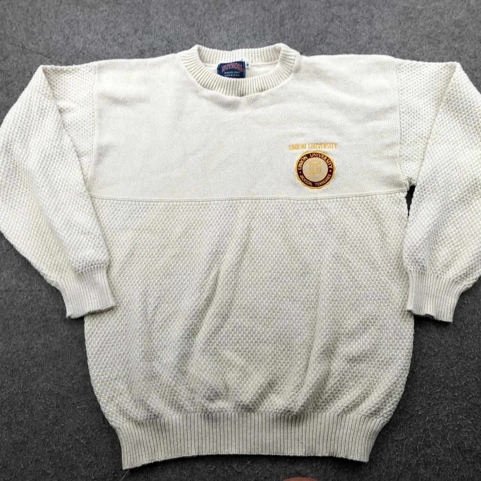 Suéter Vintage Nuez moscada Para Hombre Mediano Union University Bordado Hecho en EE. UU. 90s Foto 2 de 4
