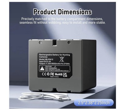 EM10 Rechargeable Battery Compatible For Stealth Cam 360 Max, USB-C Charging