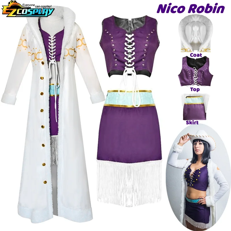 Nico Robin Cosplay Costume Anime One Piece Purple Dress Uniform Long Fur  Collar