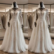 Vintage White Ivory Long Sleeves Wedding Dresses Lace Appliques Bridal Gowns