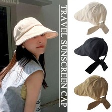 Women Bucket Hat Outdoor Hat Sun Protector Bow Linen Cotton Wide Brim Folding CO