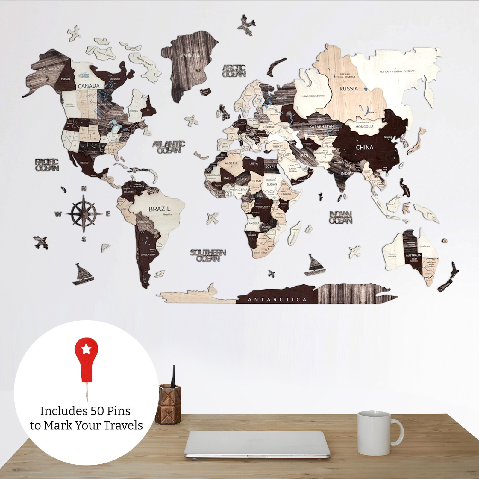 3D Wooden World Map for Wall (60