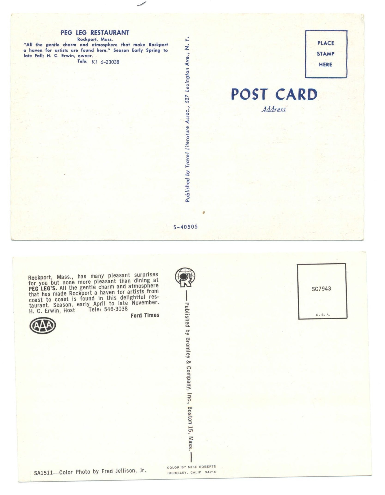 LOT OF 2 Peg Leg Restaurant Rockport Maine artist haven