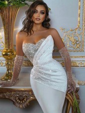 Elegant White Satin Strapless Mermaid Wedding Dresses Sweep Train Bridal Gowns