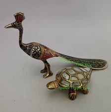 Indian Vintage Brass Peacock Figurine With 1 Mother Pearl Tortoise Ashtray Sets
