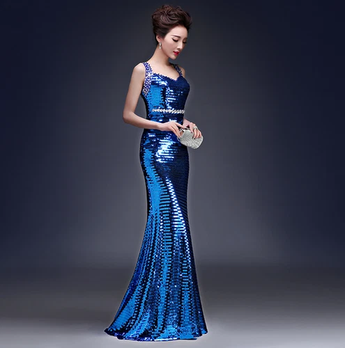 Womens Sexy Sequins Mermaid Party Ball Gown Fishtail Double Shoulder Long Dress - Picture 20 of 24