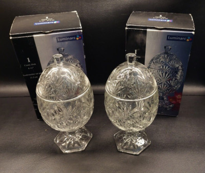 Lot of 2 Vintage Luminarc Eched Glass 8.5'' Egg Candy Dish Dishes With Lids
