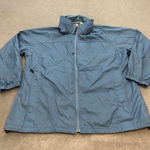 LL Bean Jacket Mens Large Blue Full Zip Nylon Concealed Hood Chest Stow Pocket