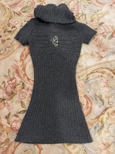 Size S Knit Sweater Dress Rhinestones Turtleneck Gray Mini Short Sleeve