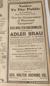 JUNE 8, 1942 NEWSPAPER PAGE #2351- ADLER BRAU, GEO. WALTER BREWING, APPLETON WI