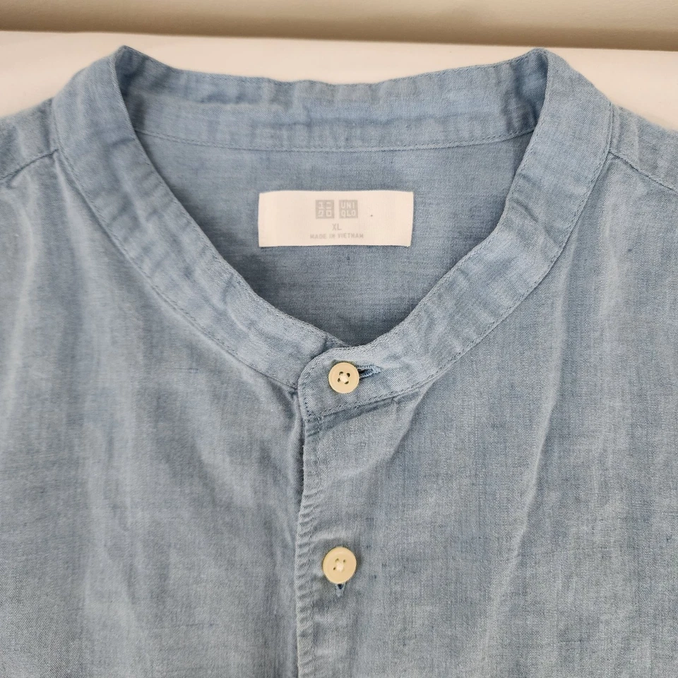 UNIQLO Mens Blue Linen Blend Button-Up Short Sleeve Shirt Mandarin Collar Preppy - Image 3 of 4