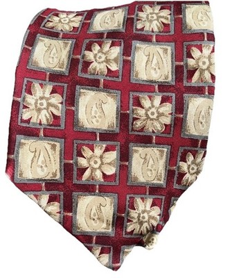 NEXT Herrenkrawatte 100 % Seide rot beige Paisley geometrisches Vintage gemustert hergestellt in UK