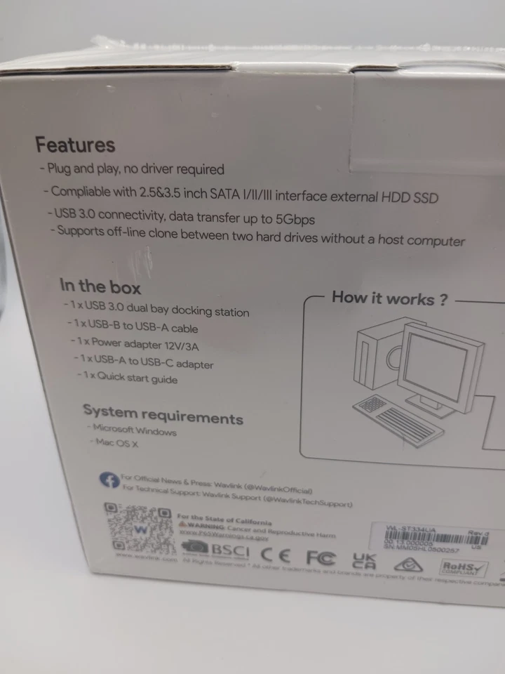 Wavlink WL-ST334UA USB 3.0 Dual Bay Docking System Plug & Play New Sealed - Image 3 of 4