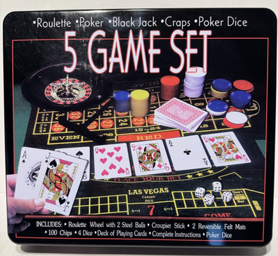 5 in 1 Casino Game Set Roulette/Poker/Black Jack/Craps/Poker Dice-New Open Box