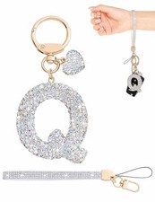 Initial Keychain for Women Girls,Bling Letter Key chain Initial with Q-white