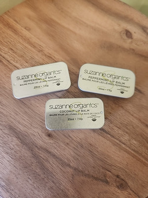 NEW SUZANNE Organics Lip Balm in Tins Lot of 3 -.25 OZ Peppermint and Coconut 