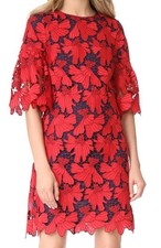 Tory Burch Nicola Dress Red Volcano Guipure Lace on Navy Lining sz14 $498 NWT