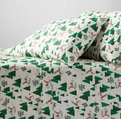 NWT~ Threshold QUEEN Holiday Christmas Tree Deer 4pc Bed Sheet Set Sateen 400 TC
