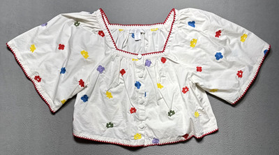 Caroline Constas Embroidered Poplin Top Large Bohemian Resort Crop Floral Boxy