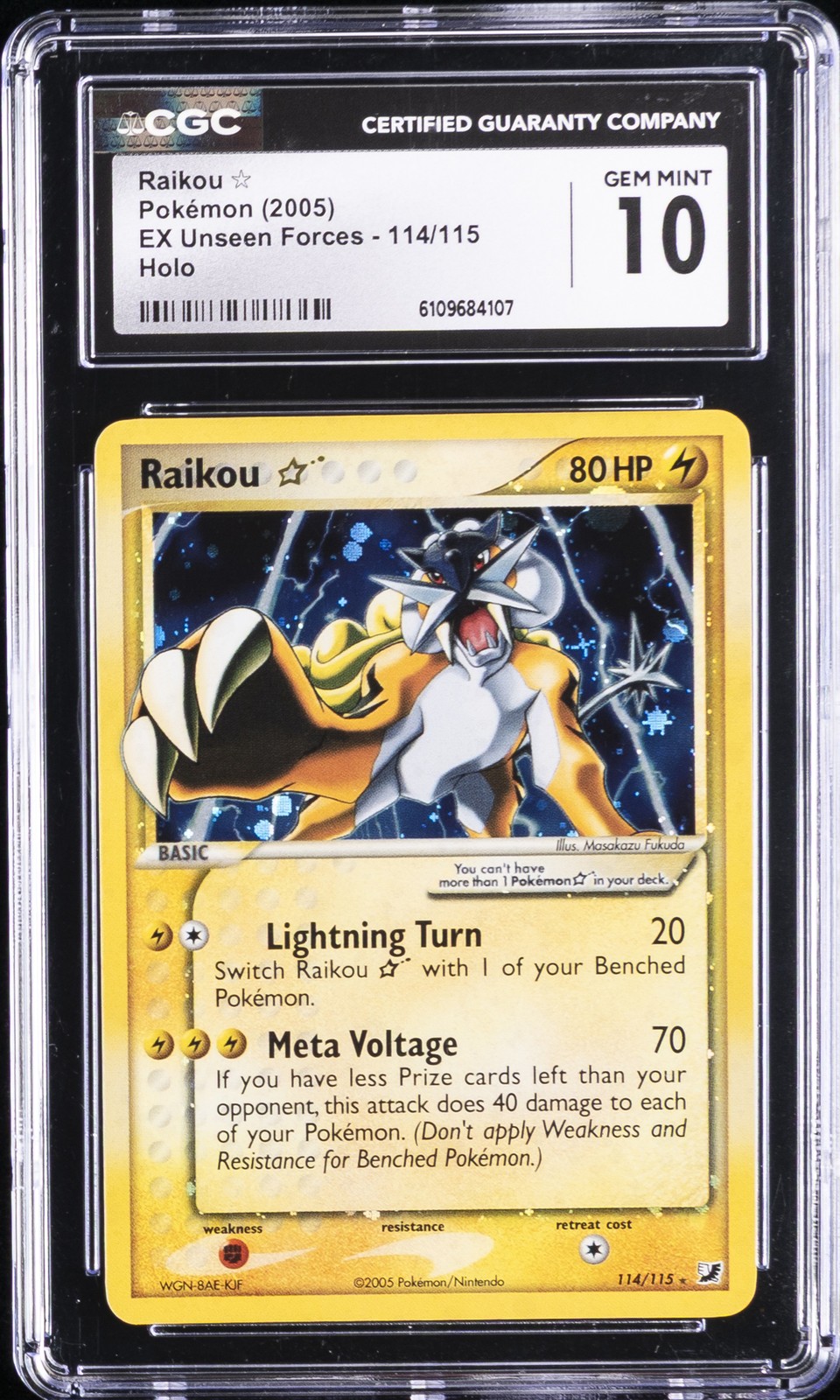2005 POKEMON EX UNSEEN FORCES-HOLO #114/115 RAIKOU CGC 10 GEM MINT