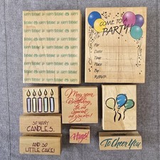Lot Of 8 Happy Birthday Wood Mounted Rubber Stamps Hero Arts, Inkadinkado