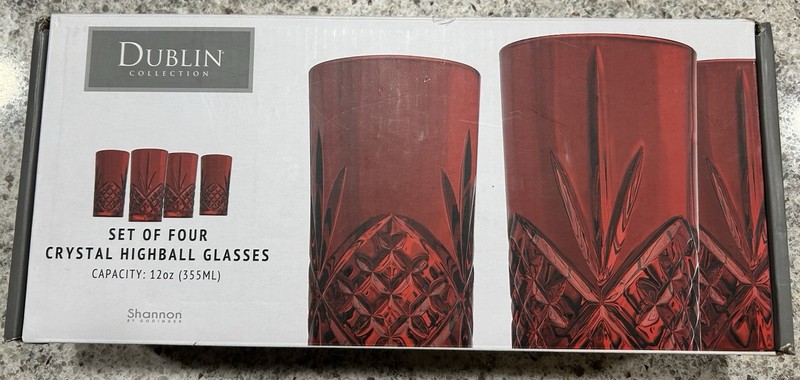 Dublin Crystal Highball Glass Collection  Set Of Four (4) 12oz Red Xmas NEW!