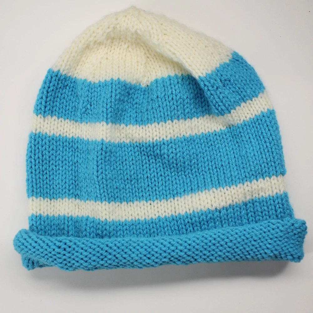 Home KNIT rolled cuff bright blue white stripe winter hat