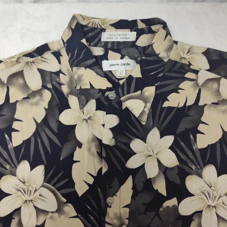 Vintage Pierre Cardin Shirt Mens Large Black Floral Palm Rayon Hawaiian 90s Work - Image 2 of 4