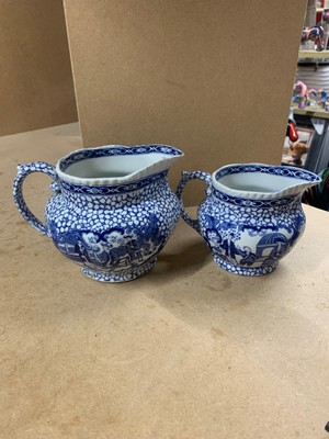 2 x antike um 1910 Adams Puddingkrüge 623294 blau & weiß Vogel & Korb