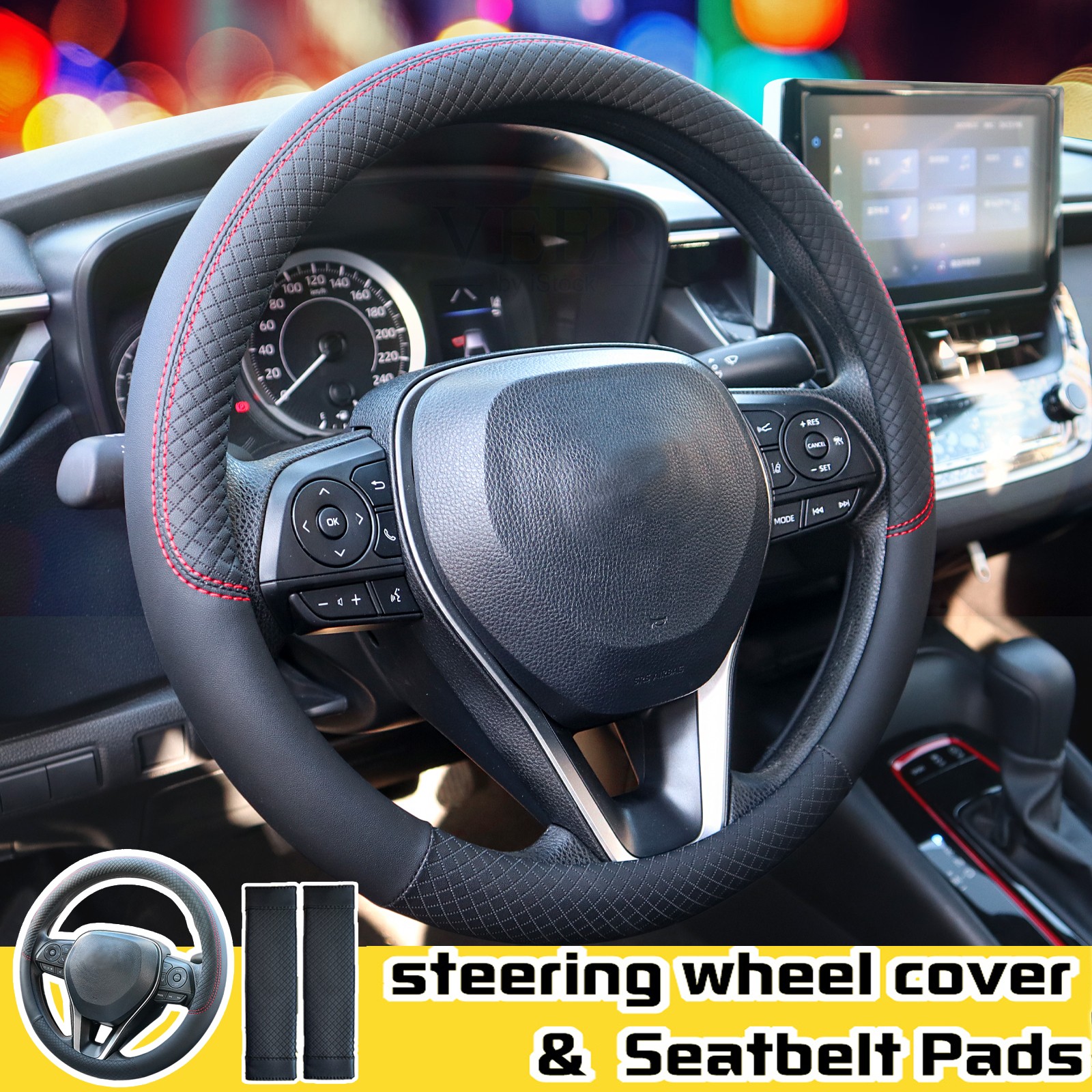 Breathable Car Steering Wheel Black Cover PU Leather Anti-slip Interiors 15''