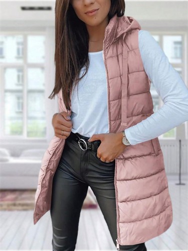 Women Long Vest Solid Color Sleeveless Hood Winter Puffer Vest Outwear - Picture 11 of 39