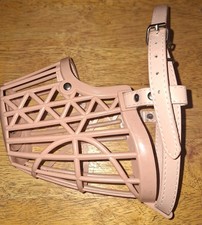 Basket Dog Muzzle Adjustable Leather Strap. Dog Grooming. No Bark Bite Beige. XL
